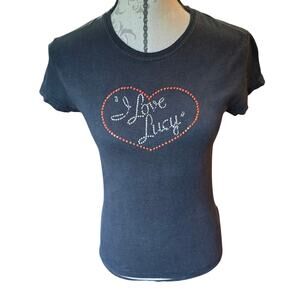 I Love Lucy Rhinestone Black T-Shirt Y2k Coquette Style Heart Size M (7/9)